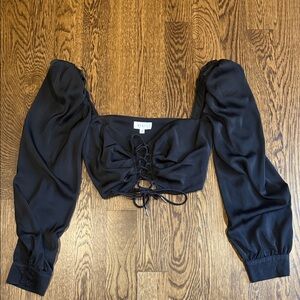 Black Lace-Up Puff Sleeve Crop Top